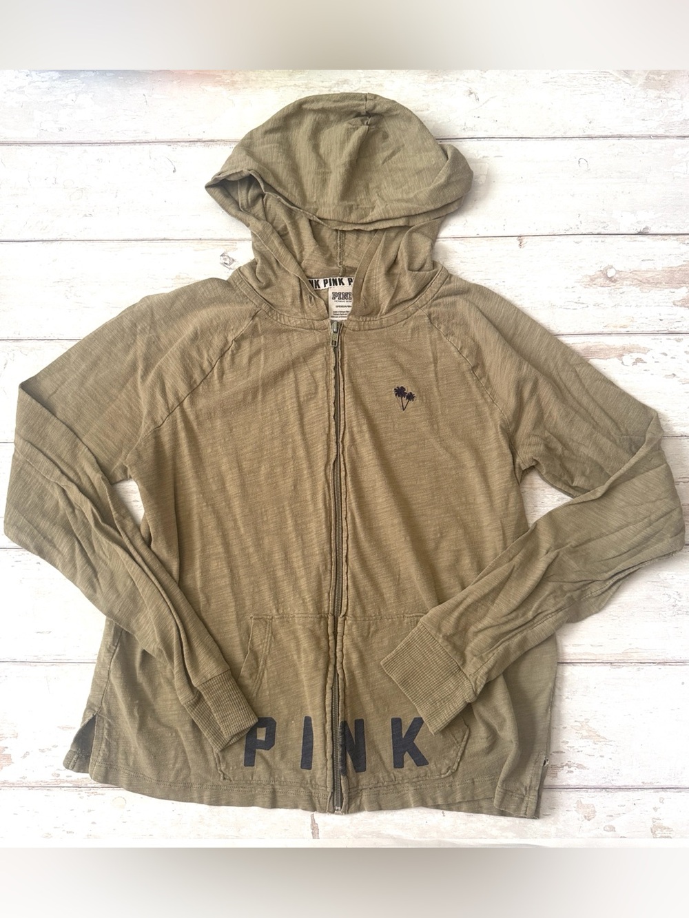 PINK Women’s S/M Zip Up Hoodie Sweatshirt Jacket Olive Green Size Small
